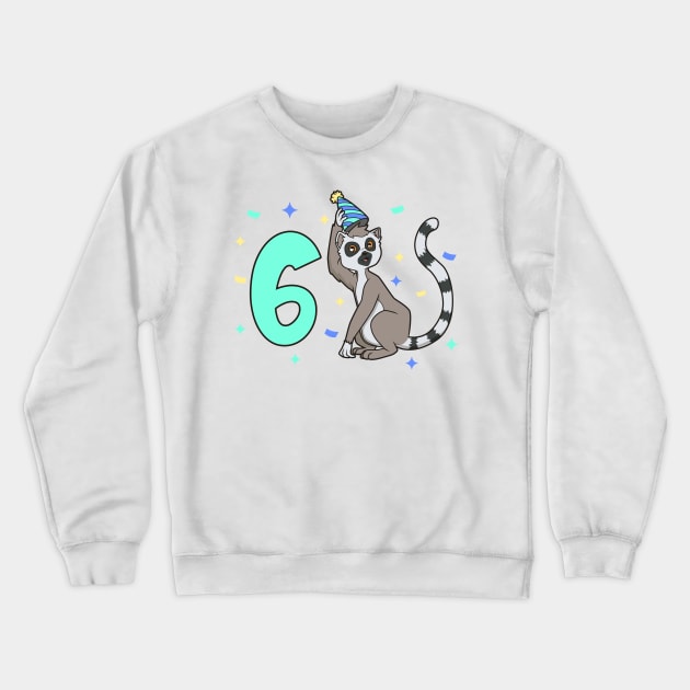 I am 6 with lemur - kids birthday 6 years old Crewneck Sweatshirt by Modern Medieval Design